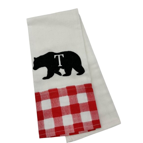 Bear Applique Kitchen Towel Red White Plaid Trim Embroidered T Initial 28x18 - Picture 1 of 7